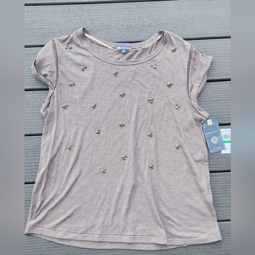Democracy short sleeve beaded brownish Taupe color Size L
